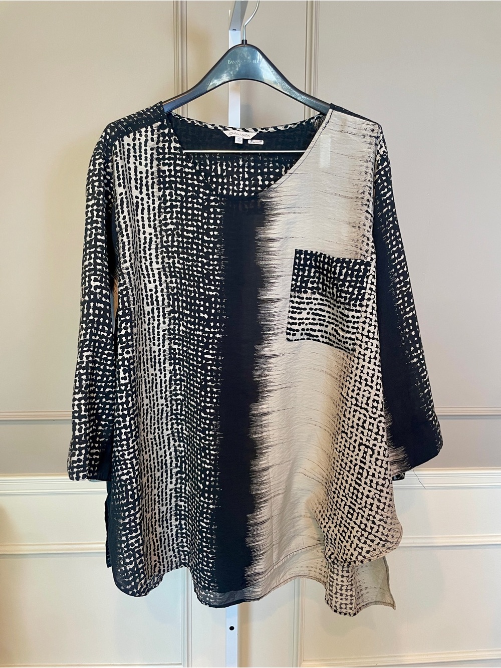 John Mark 3X Tunic Top Shirt Black Tan Abstract V Neck Lightweight Long Sleeve